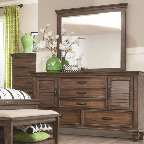 5 Drawer Dresser And Mirror Combo With Louvered Doors  |  Mirrored Dressers Bedroom Mirrored Dressers