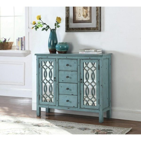 Antique Blue Accent Table With Inlay Door Design  |  Accent Cabinets Living Room Accent Cabinets