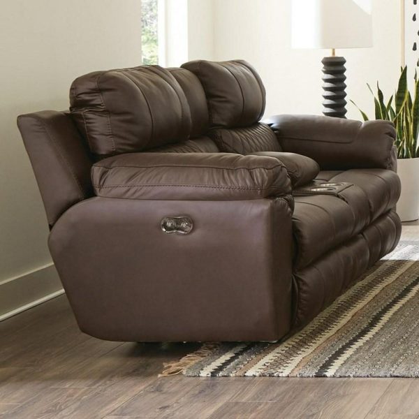 Casual Leather Match Power Lay Flat Reclining Console Loveseat W/ Storage & Cupholders  |  Reclining Loveseats Living Room Reclining Loveseats