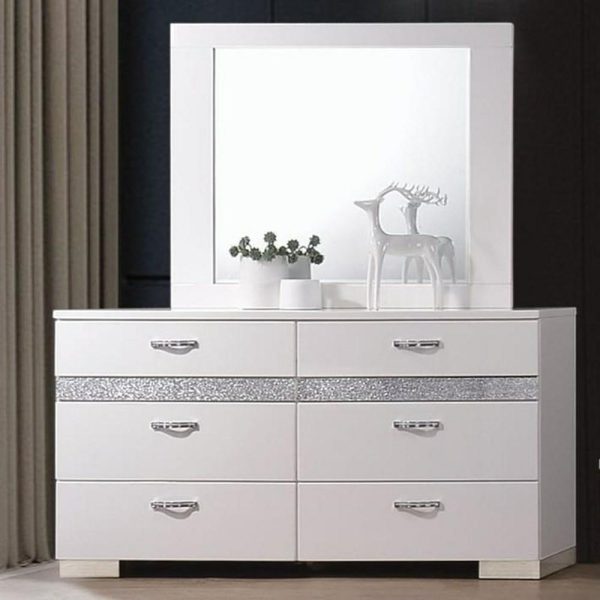 Contemporary 6-Drawer Dresser + Mirror Set  |  Mirrored Dressers Bedroom Mirrored Dressers