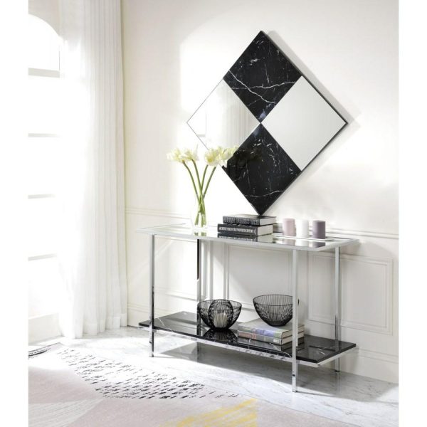 Contemporary Console Table With Mirrored Top And Faux Marble Shelf  |  Sofa Tables Living Room Sofa Tables