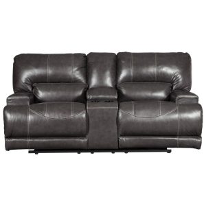 Contemporary Leather Match Double Reclining Power Loveseat W/ Console  |  Reclining Loveseats Living Room Reclining Loveseats