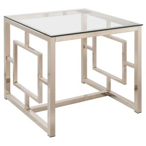 Contemporary Metal End Table With Glass Top & Geometric Motif  |  End & Side Tables End & Side Tables End & Side Tables