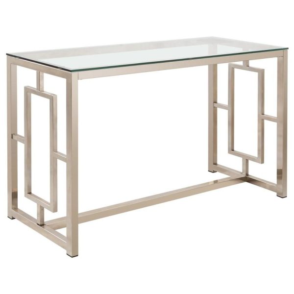 Contemporary Metal Sofa Table With Glass Top & Geometric Motif  |  Sofa Tables Living Room Sofa Tables