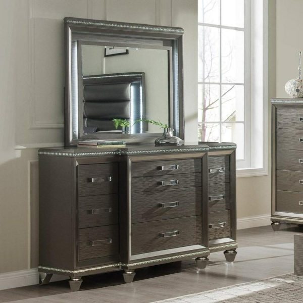 Glam Breakfront Dresser With 2 Jewelry Drawers & Mirror W/ Led  |  Mirrored Dressers Bedroom Mirrored Dressers