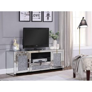 Glam Mirrored Tv Stand With Faux Crystal Inlays  |  Tv Stands Living Room Tv Stands