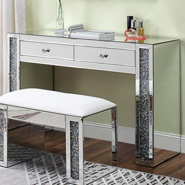 Glam Mirrored Vanity Desk With Faux Diamond Inlay  |  Makeup Vanities Bedroom Makeup Vanities