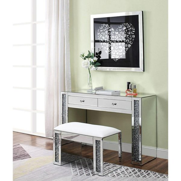 Glam Mirrored Vanity Desk With Faux Diamond Inlay  |  Makeup Vanities Bedroom Makeup Vanities