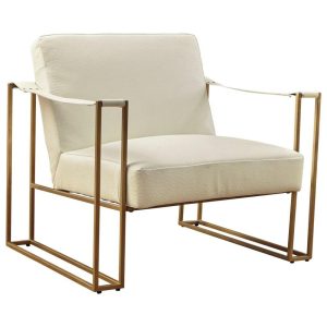 Gold Finish Metal Accent Chair In Cream Embossed Leather  |  Living Room Chairs Living Room Living Room Chairs