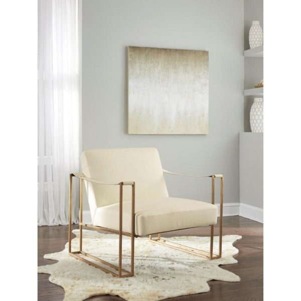 Gold Finish Metal Accent Chair In Cream Embossed Leather  |  Living Room Chairs Living Room Living Room Chairs