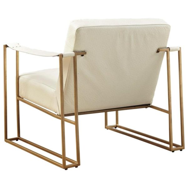 Gold Finish Metal Accent Chair In Cream Embossed Leather  |  Living Room Chairs Living Room Living Room Chairs