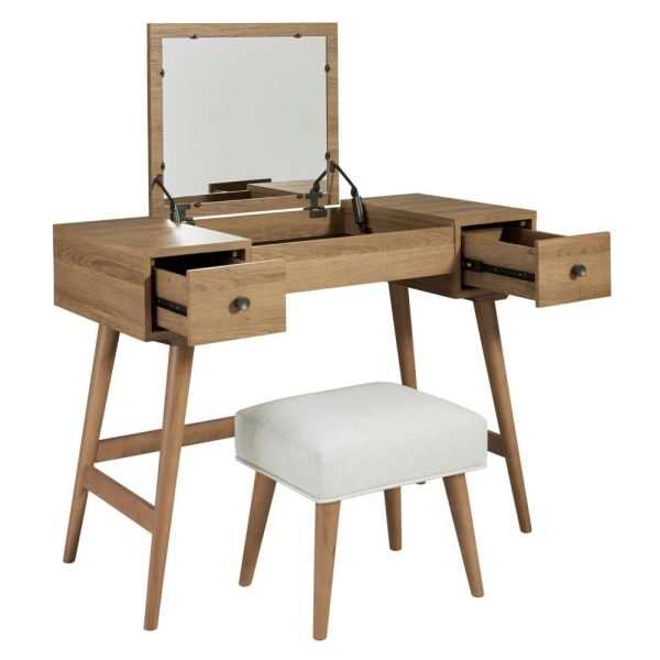 Light Brown Vanity With Stool And Flip Up Mirror  |  Makeup Vanities Bedroom Makeup Vanities