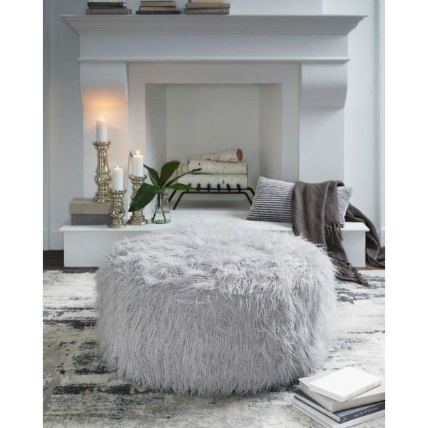 Light Gray Faux Fur Round Oversized Accent Ottoman  |  Ottomans Living Room Ottomans