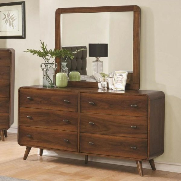 Mid-Century Modern 6 Drawer Dresser And Mirror Combo  |  Mirrored Dressers Bedroom Mirrored Dressers