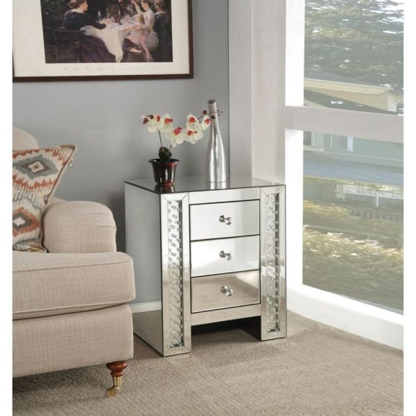 Mirrored 3-Drawer Nightstand With Faux Crystal Accents  |  Nightstands Bedroom Nightstands