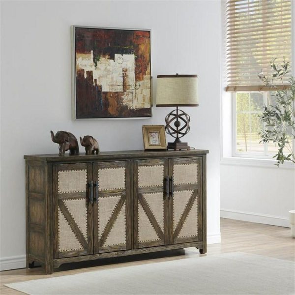 Rustic 4-Door Credenza With Nailhead And Upholstered Door Panels  |  Accent Cabinets Accent Cabinets Accent Cabinets