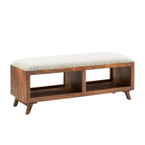 Rustic Joana Upholstered Bench With Shelves  |  Benches Benches Benches