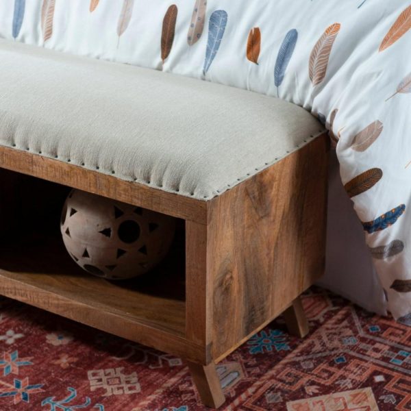 Rustic Joana Upholstered Bench With Shelves  |  Benches Benches Benches