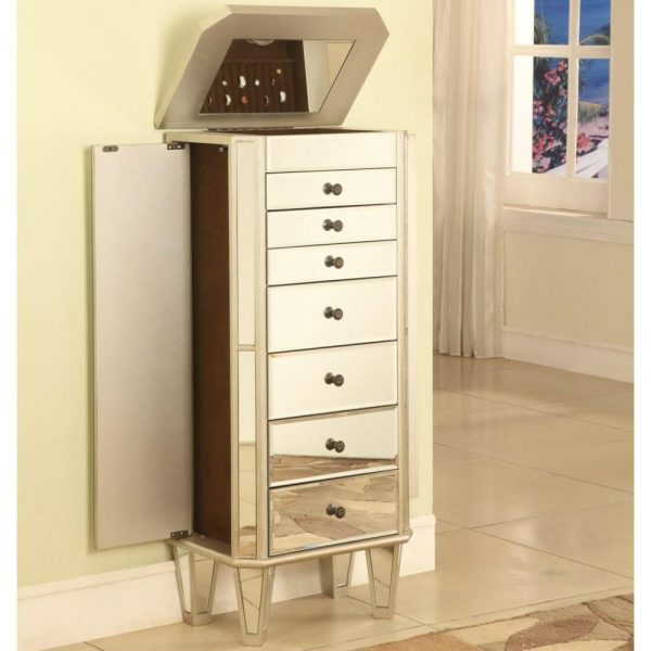 Silver Painted Jewelry Armoire With Mirror  |  Jewelry Armoires Bedroom Jewelry Armoires