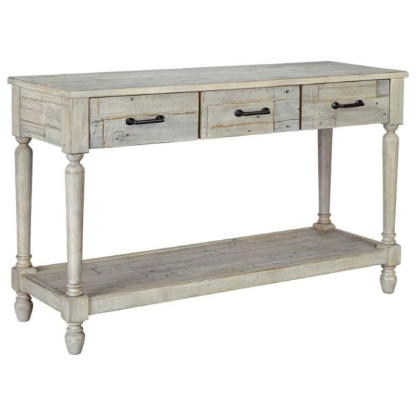 Solid Wood Sofa Table With 3 Drawers And 1 Shelf In Rustic White Finish  |  Sofa Tables Living Room Sofa Tables