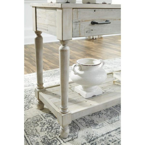 Solid Wood Sofa Table With 3 Drawers And 1 Shelf In Rustic White Finish  |  Sofa Tables Living Room Sofa Tables