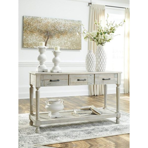 Solid Wood Sofa Table With 3 Drawers And 1 Shelf In Rustic White Finish  |  Sofa Tables Living Room Sofa Tables