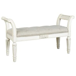 Traditional Antique White Accent Bench With Upholstered Seat  |  Benches Benches Benches