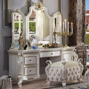 Traditional Antique White Vanity Desk And Mirror Set  |  Makeup Vanities Bedroom Makeup Vanities