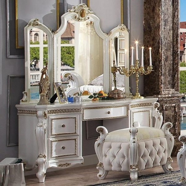 Traditional Antique White Vanity Desk And Mirror Set  |  Makeup Vanities Bedroom Makeup Vanities