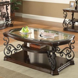 Traditional Coffee Table With Tempered Glass Top & Ornate Metal Scrollwork  |  Coffee Tables Coffee Tables Coffee Tables