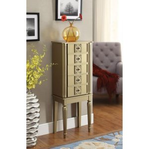 Traditional Jewelry Armoire With Decorative Carvings And Mirror Lift-Top  |  Jewelry Armoires Bedroom Gold