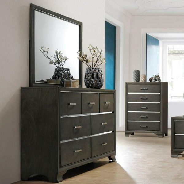 Transitional Dark Grey Dresser And Mirror Set  |  Mirrored Dressers Bedroom Mirrored Dressers