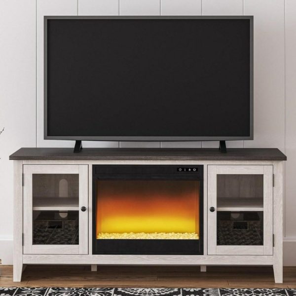 Two-Tone Large Tv Stand W/ Fireplace Insert And Glass Doors  |  Tv Stands Living Room Tv Stands