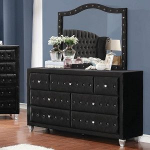 Upholstered Dresser And Mirror Set With Faceted Buttons  |  Mirrored Dressers Bedroom Mirrored Dressers