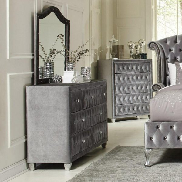 Upholstered Dresser With Six Drawers And Faceted Buttons  |  Dressers Bedroom Dressers