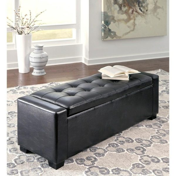 Upholstered Storage Bench In Black Faux Leather With Tufted Top  |  Benches Benches Benches