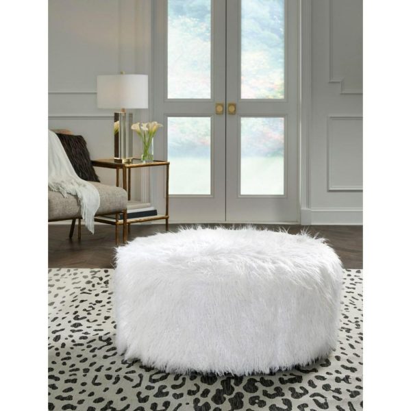 White Faux Fur Round Oversized Accent Ottoman  |  Ottomans Living Room Ottomans