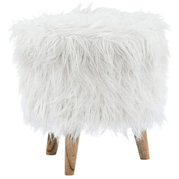 White Faux Fur Storage Ottoman With Tapered Wood Legs  |  Ottomans Living Room Ottomans