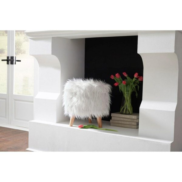 White Faux Fur Storage Ottoman With Tapered Wood Legs  |  Ottomans Living Room Ottomans