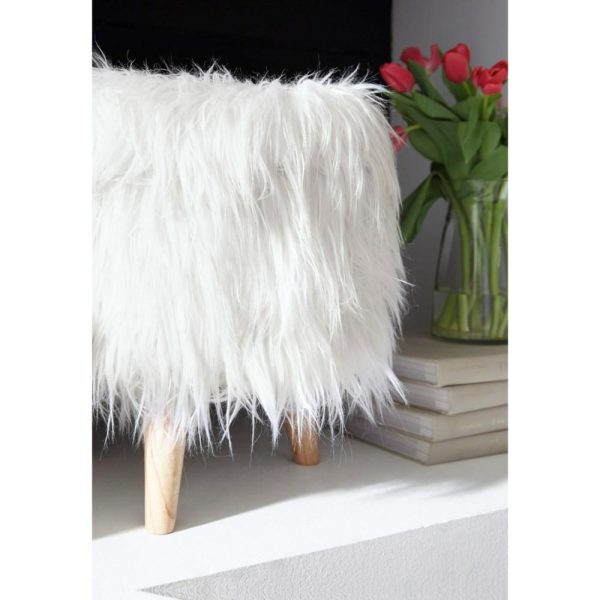 White Faux Fur Storage Ottoman With Tapered Wood Legs  |  Ottomans Living Room Ottomans