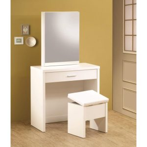 White Vanity With Hidden Mirror Storage And Lift-Top Stool  |  Makeup Vanities Bedroom Makeup Vanities