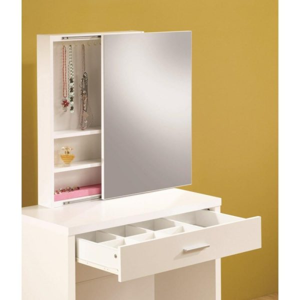 White Vanity With Hidden Mirror Storage And Lift-Top Stool  |  Makeup Vanities Bedroom Makeup Vanities